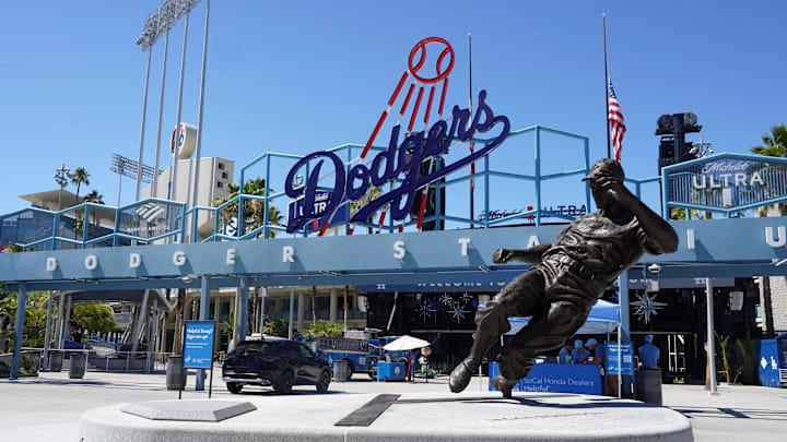 Jul 10, 2022; Los Angeles, California, USA; Statue of Jackie Robinson at Dodger Stadium before the game between the Chicago Cubs and Los Angeles Dodgers. Mandatory Credit: Kirby Lee-Imagn Images
