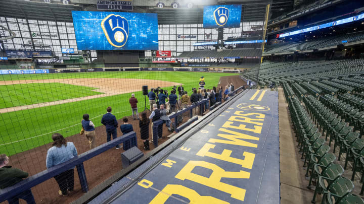 March 25, 2024; Milwaukee, WI, USA; The Milwaukee Brewers unveil two new scoreboards Monday, March