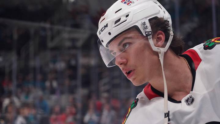 Apr 6, 2026; San Jose, California, USA;  Chicago Blackhawks center Connor Bedard (98) warms up before the game against the San Jose Sharks at SAP Center at San Jose. Mandatory Credit: David Gonzales-Imagn Images