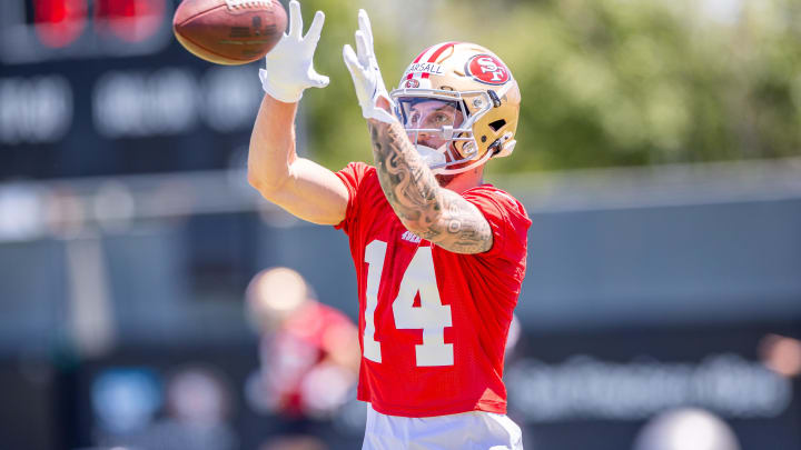 May 10, 2024; Santa Clara, CA, USA; San Francisco 49ers wide receiver Ricky Pearsall (14) runs drills during the 49ers rookie minicamp at Levi’s Stadium in Santa Clara, CA. Mandatory Credit: Robert Kupbens-USA TODAY Sports