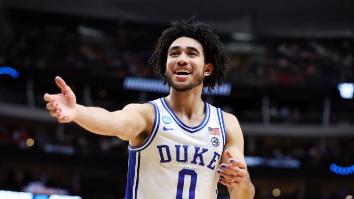 Mar 31, 2024; Dallas, TX, USA; Duke Blue Devils guard Jared McCain (0) reacts in the second half against the North Carolina State Wolfpack in the finals of the South Regional of the 2024 NCAA Tournament at American Airline Center. Mandatory Credit: Tim Heitman-USA TODAY Sports