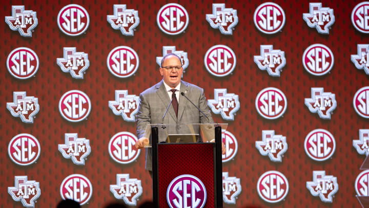 Jul 18, 2024; Dallas, TX, USA; Texas A&M head coach Mike Elko speaking at Omni Dallas Hotel. Mandatory Credit: Brett Patzke-USA TODAY Sports