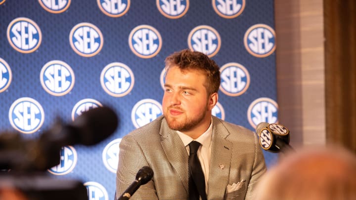 Jul 18, 2024; Dallas, TX, USA; Texas A&M offensive lineman Trey Zuhn III speaks to the media at Omni Dallas Hotel. Mandatory Credit: Brett Patzke-USA TODAY Sports