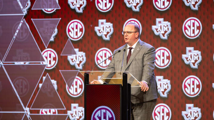 Jul 18, 2024; Dallas, TX, USA; Texas A&M head coach Mike Elko speaking at Omni Dallas Hotel. Mandatory Credit: Brett Patzke-USA TODAY Sports