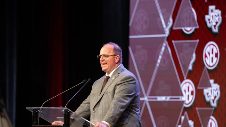 Jul 18, 2024; Dallas, TX, USA; Texas A&M head coach Mike Elko speaking at Omni Dallas Hotel. Mandatory Credit: Brett Patzke-USA TODAY Sports