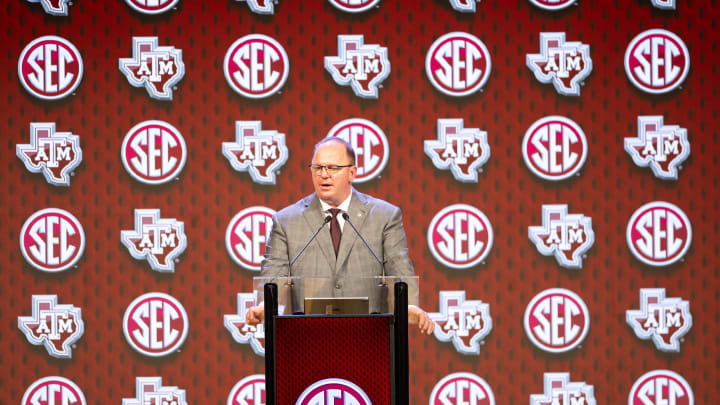 Jul 18, 2024; Dallas, TX, USA; Texas A&M head coach Mike Elko speaking at Omni Dallas Hotel. Mandatory Credit: Brett Patzke-USA TODAY Sports