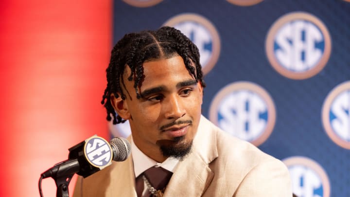 Jul 18, 2024; Dallas, TX, USA; Texas A&M linebacker Taurean York speaks to the media at Omni Dallas Hotel. Mandatory Credit: Brett Patzke-USA TODAY Sports