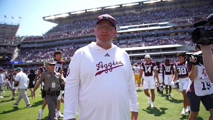 Sep 7, 2024; College Station, Texas, USA; Texas A&M Aggies head coach Mike Elko leaves the field following a 52-10 win against the McNeese State Cowboys at Kyle Field. Mandatory Credit: Dustin Safranek-Imagn Images