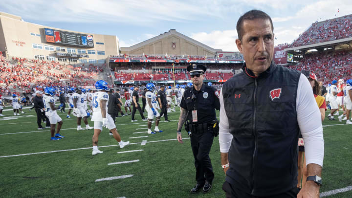 Sep 2, 2023; Madison, WI, USA; Wisconsin Badgers head coach Luke Fickell leaves the field after a game against the Buffalo Bulls at Camp Randall Stadium. Mandatory Credit: Mark Hoffman-USA TODAY Sports
