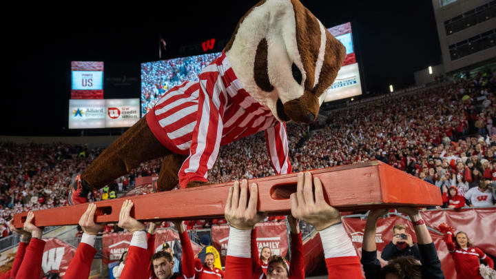 Bucky Badger does push ups after a Wisconsin touchdown during the second quarter of their game against Nebraska Saturday, November 18, 2023 at Camp Randall Stadium in Madison, Wisconsin. Wisconsin beat Nebraska 24-17 in overtime.

Mark Hoffman/Milwaukee Journal Sentinel