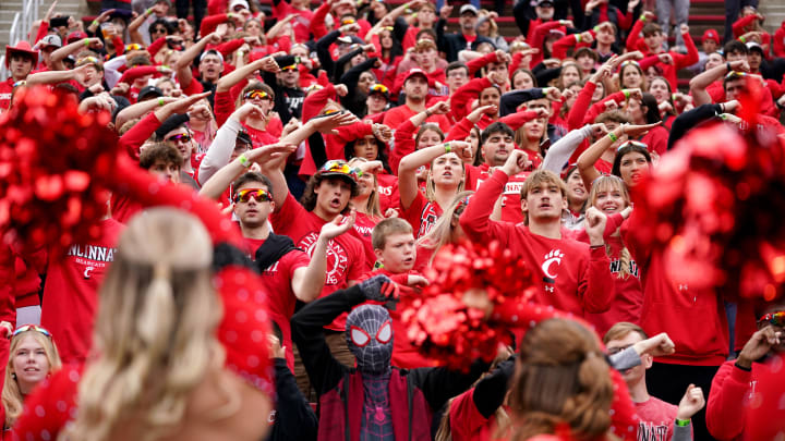 Cincinnati Bearcats fans cheer on the team in the fourth quarter during a college football game between the Baylor Bears and the Cincinnati Bearcats, Saturday, Oct. 21, 2023, at Nippert Stadium in Cincinnati.