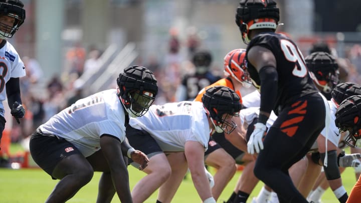 Jul 26, 2024; Cincinnati, OH, USA; Cincinnati Bengals offensive tackle Amarius Mims (71) lines up at right tackle during training camp practice at Kettering Health Practice Fields. Mandatory Credit: Kareem Elgazzar-USA TODAY Sports