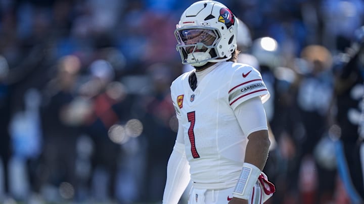 Dec 22, 2024; Charlotte, North Carolina, USA; Arizona Cardinals quarterback Kyler Murray (1) walks off the field after a fumbled handoff against the Carolina Panthers during the second quarter at Bank of America Stadium. Mandatory Credit: Jim Dedmon-Imagn Images Dec 22, 2024; Charlotte, North Carolina, USA; Arizona Cardinals quarterback Kyler Murray (1) walks off the field after a fumbled handoff against the Carolina Panthers during the second quarter at Bank of America Stadium. Mandatory Credit: Jim Dedmon-Imagn Images