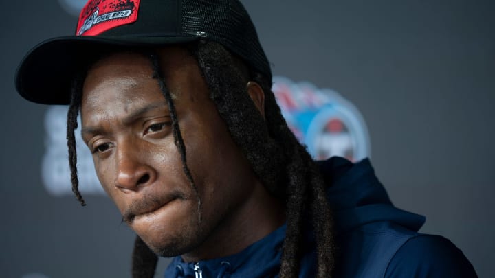 Tennessee Titans wide receiver DeAndre Hopkins fields questions from the media on the second day of training camp Thursday, July 25, 2024.