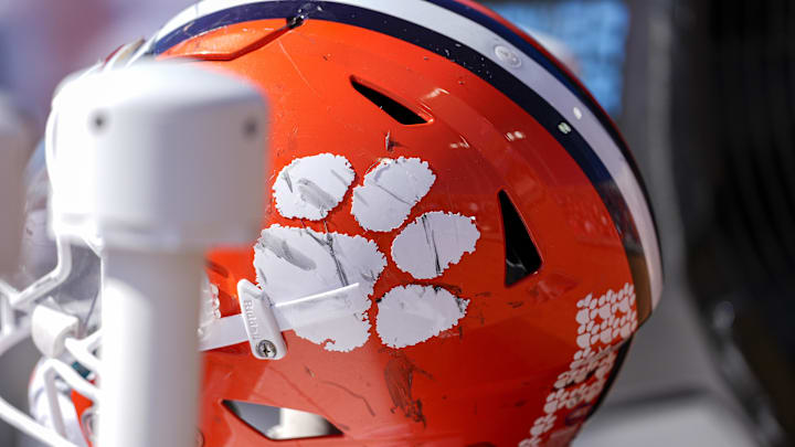 Oct 12, 2024; Winston-Salem, North Carolina, USA; A battle scarred Clemson Tigers helmet during the second half against the Wake Forest Demon Deacons at Allegacy Federal Credit Union Stadium. Mandatory Credit: Jim Dedmon-Imagn Images Oct 12, 2024; Winston-Salem, North Carolina, USA; A battle scarred Clemson Tigers helmet during the second half against the Wake Forest Demon Deacons at Allegacy Federal Credit Union Stadium. Mandatory Credit: Jim Dedmon-Imagn Images