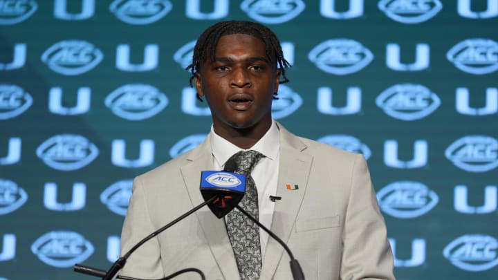 Jul 24, 2024; Charlotte, NC, USA;  Miami Hurricanes quarterback Cam Ward speaks to the media during the ACC Kickoff at Hilton Charlotte Uptown. Mandatory Credit: Jim Dedmon-USA TODAY Sports