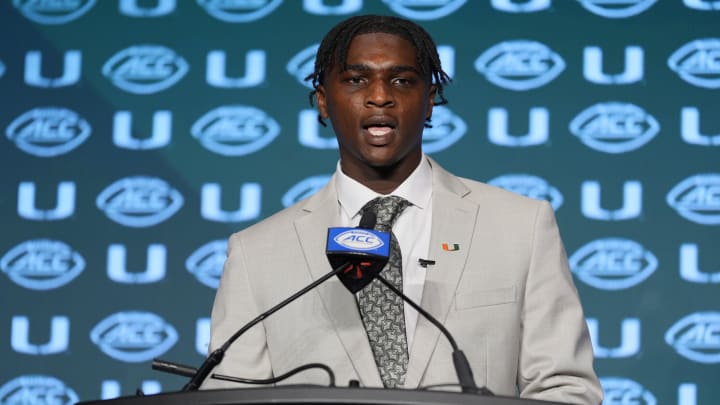 Jul 24, 2024; Charlotte, NC, USA;  Miami Hurricanes quarterback Cam Ward speaks to the media during the ACC Kickoff at Hilton Charlotte Uptown. Mandatory Credit: Jim Dedmon-USA TODAY Sports