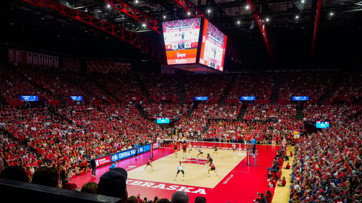 Oct 21, 2023; Lincoln, NE, USA; A record crowd watches the match between the Nebraska Cornhuskers and the Wisconsin Badgers at the Bob Devaney Sports Center.