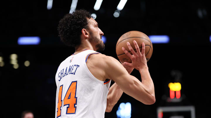 Apr 13, 2025; Brooklyn, New York, USA; New York Knicks guard Landry Shamet (44) shoots the ball during the first half against the Brooklyn Nets at Barclays Center. Mandatory Credit: Vincent Carchietta-Imagn Images Apr 13, 2025; Brooklyn, New York, USA; New York Knicks guard Landry Shamet (44) shoots the ball during the first half against the Brooklyn Nets at Barclays Center. Mandatory Credit: Vincent Carchietta-Imagn Images