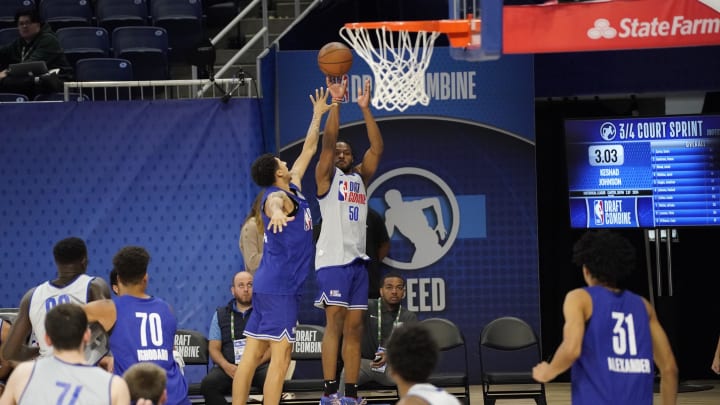 May 15, 2024; Chicago, IL, USA; Bronny James (50) takes a shot during the 2024 NBA Draft Combine at Wintrust Arena. Mandatory Credit: David Banks-USA TODAY Sports