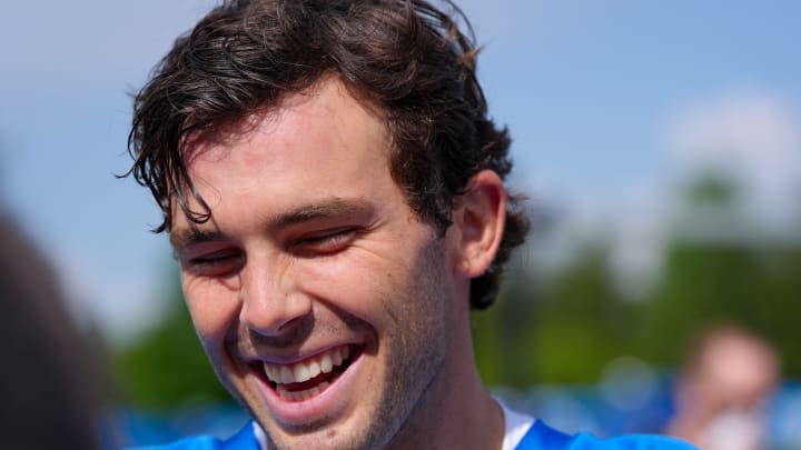 K Jake Bates speaks to the media during day two of the Detroit Lions training camp at the Detroit Lions Headquarters in Dearborn, Mich. on Thursday, July 25, 2024.