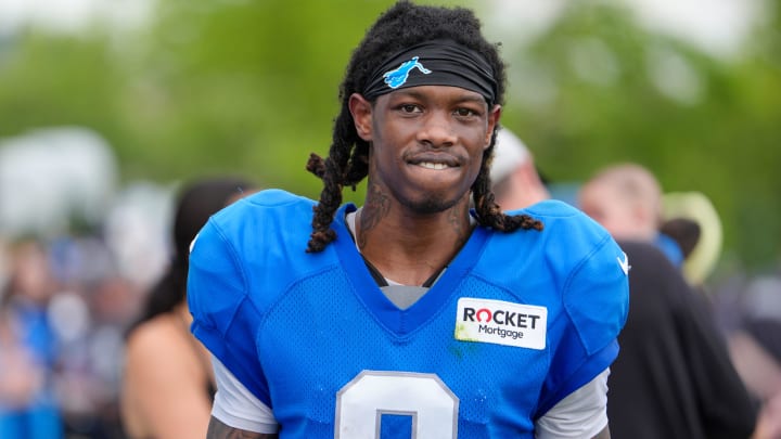 WR Jameson Williams walks off the field after the Detroit Lions training camp at the Lions practice facility in Allen Park, Mich. on Monday, July 29, 2024.