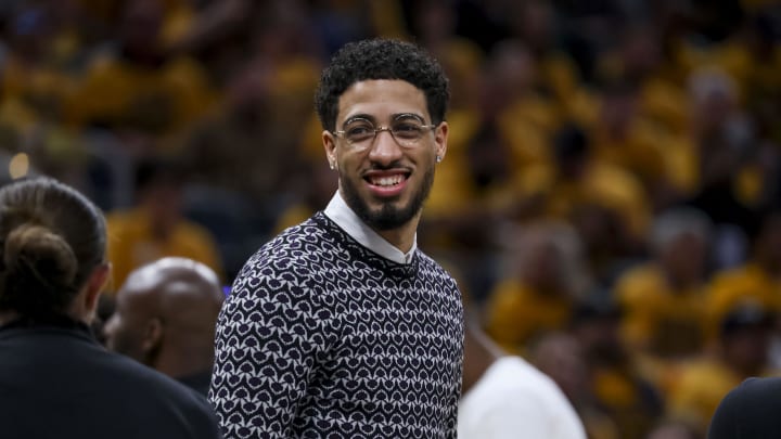 May 27, 2024; Indianapolis, Indiana, USA; Tyrese Haliburton during the first quarter during game four of the eastern conference finals for the 2024 NBA playoffs at Gainbridge Fieldhouse. Mandatory Credit: Trevor Ruszkowski-USA TODAY Sports