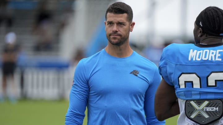 Jul 30, 2024; Charlotte, NC, USA; Carolina Panthers head coach Dave Canales at Carolina Panthers Practice Fields. Mandatory Credit: Jim Dedmon-USA TODAY Sports