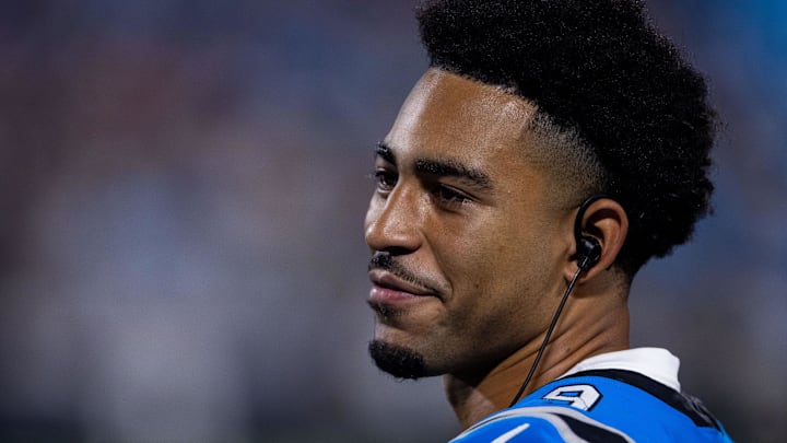 Aug 8, 2025; Charlotte, North Carolina, USA; Carolina Panthers quarterback Bryce Young (9) watches from the sideline during the third quarter against the Cleveland Browns at Bank of America Stadium. Mandatory Credit: Scott Kinser-The USAToday Network via Imagn Images Aug 8, 2025; Charlotte, North Carolina, USA; Carolina Panthers quarterback Bryce Young (9) watches from the sideline during the third quarter against the Cleveland Browns at Bank of America Stadium. Mandatory Credit: Scott Kinser-The USAToday Network via Imagn Images