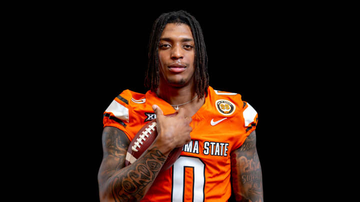 Ollie Gordon II (0) is pictured during the Oklahoma State football media day in Stillwater, Okla., on Saturday, Aug. 3, 2024.