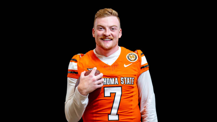 Alan Bowman (7) is pictured during the Oklahoma State football media day in Stillwater, Okla., on Saturday, Aug. 3, 2024.