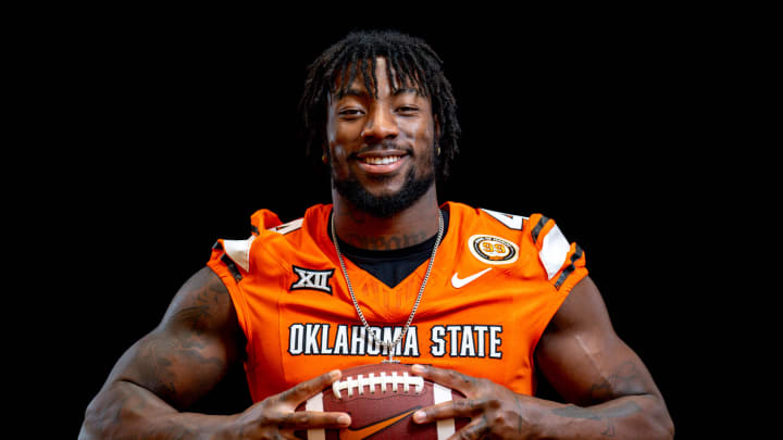 Nick Martin (4) is pictured during the Oklahoma State football media day in Stillwater, Okla., on Saturday, Aug. 3, 2024.