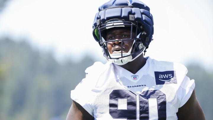 Jul 28, 2023; Renton, WA, USA; Seattle Seahawks defensive tackle Jarran Reed (90) takes part in training camp practice at the Virginia Mason Athletic Center.