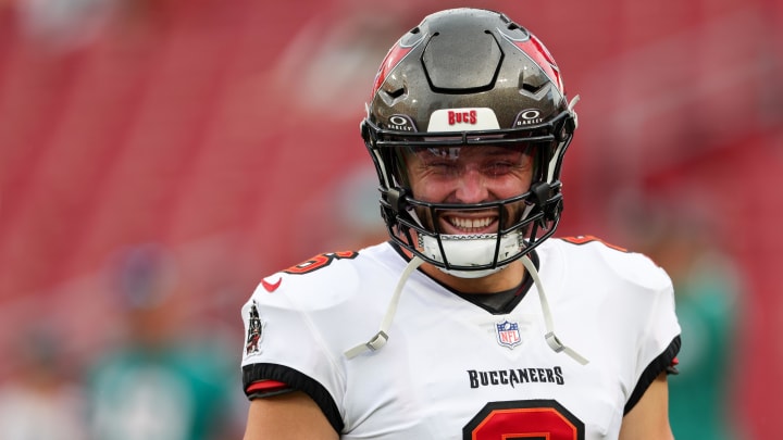 Aug 23, 2024; Tampa, Florida, USA;  Tampa Bay Buccaneers quarterback Baker Mayfield (6) warms up before a preseason game against the Miami Dolphins at Raymond James Stadium. Mandatory Credit: Nathan Ray Seebeck-USA TODAY Sports