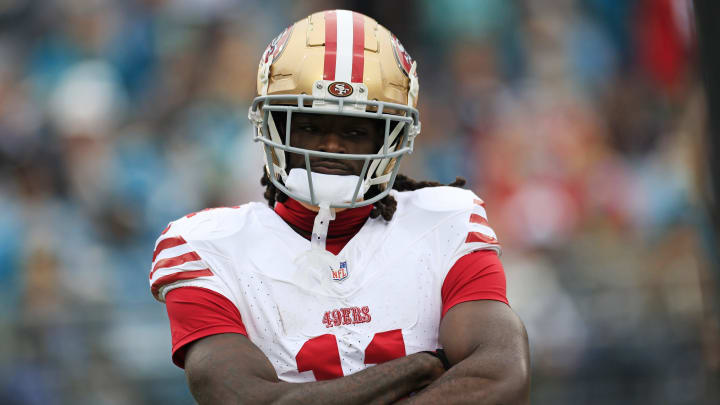 San Francisco 49ers wide receiver Brandon Aiyuk (11) reacts to his touchdown score during the first quarter of an NFL football game Sunday, Nov. 12, 2023 at EverBank Stadium in Jacksonville, Fla. The San Francisco 49ers defeated the Jacksonville Jaguars 34-3. [Corey Perrine/Florida Times-Union]