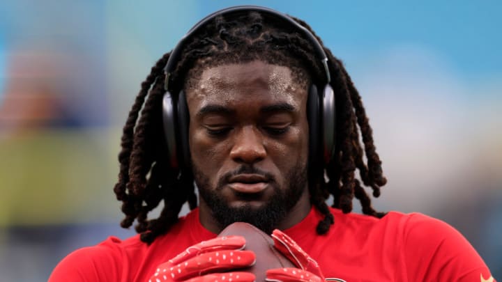 San Francisco 49ers wide receiver Brandon Aiyuk (11) prepares before an NFL football game Sunday, Nov. 12, 2023 at EverBank Stadium in Jacksonville, Fla. [Corey Perrine/Florida Times-Union]