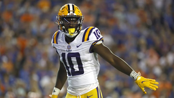 Oct 15, 2022; Gainesville, Florida, USA; LSU Tigers wide receiver Jaray Jenkins (10) looks on against the Florida Gators during the second half at Ben Hill Griffin Stadium. Mandatory Credit: Kim Klement-Imagn Images