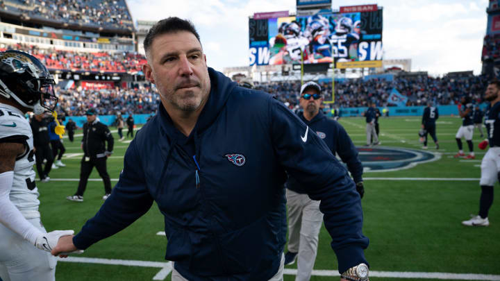 Tennessee Titans Head Coach Mike Vrabel heads off the field after beating the Jacksonville Jaguars â€“ and knocking them out of the playoffs â€“ after their game at Nissan Stadium in Nashville, Tenn., Sunday, Jan. 7, 2024.