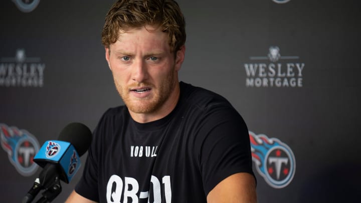 Tennessee Titans quarterback Will Levis fields questions during mandatory mini-camp at Ascension Saint Thomas Sports Park in Nashville, Tenn., Tuesday, June 4, 2024.