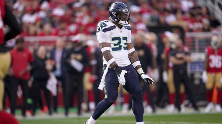 Dec 10, 2023; Santa Clara, California, USA; Seattle Seahawks safety Jamal Adams (33) reacts after breaking up a pass attempt against the San Francisco 49ers in the first quarter at Levi's Stadium. Mandatory Credit: Cary Edmondson-USA TODAY Sports