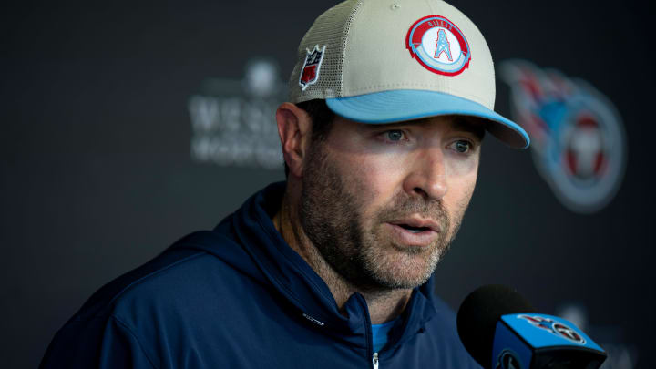 Head Coach Brian Callahan fields questions after the Tennessee Titans practice at Ascension Saint Thomas Sports Park in Nashville, Tenn., Tuesday, May 21, 2024.