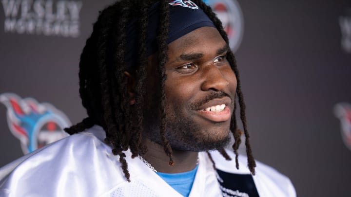 The Tennessee Titans second-round draft pick T'Vondre Sweat fields questions after workouts during rookie minicamp at Ascension Saint Thomas Sports Park in Nashville, Tenn., Friday, May 10, 2024.