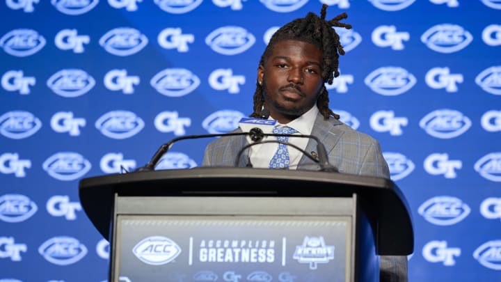 Jul 22, 2024; Charlotte, NC, USA; Georgia Tech running back Jamal Haynes speaks to the media during ACC Kickoff at Hilton Charlotte Uptown. Mandatory Credit: Jim Dedmon-USA TODAY Sports