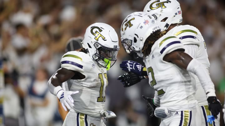 Aug 31, 2024; Atlanta, Georgia, USA; Georgia Tech Yellow Jackets running back Jamal Haynes (11) celebrates with teammates after a touchdown run against Georgia State Panthers in the first quarter at Bobby Dodd Stadium at Hyundai Field. Mandatory Credit: Brett Davis-USA TODAY Sports