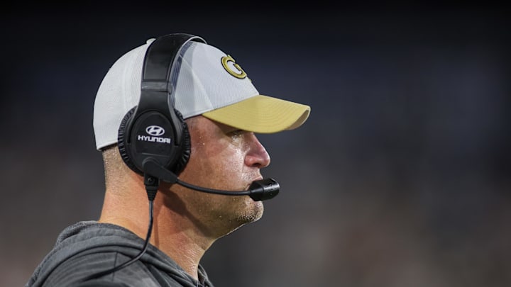 Aug 31, 2024; Atlanta, Georgia, USA; Georgia Tech Yellow Jackets head coach Brent Key on the sideline against Georgia State Panthers in the third quarter at Bobby Dodd Stadium at Hyundai Field. Mandatory Credit: Brett Davis-Imagn Images