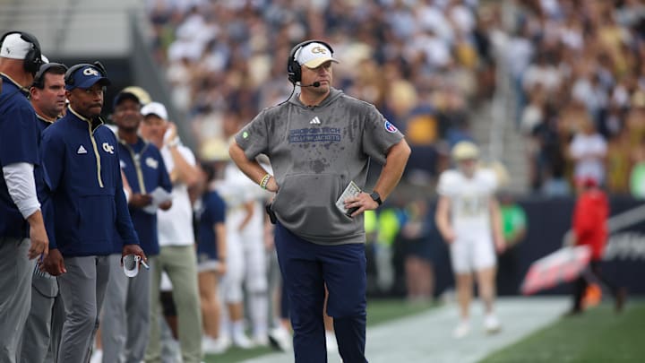 Sep 14, 2024; Atlanta, Georgia, USA; Georgia Tech Yellow Jackets head coach Brent Key on the sideline against the Virginia Military Institute Keydets in the second quarter at Bobby Dodd Stadium at Hyundai Field. Mandatory Credit: Brett Davis-Imagn Images