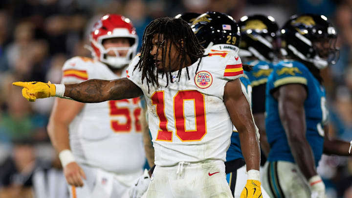 Kansas City Chiefs running back Isiah Pacheco (10) points after picking up a first down during the third quarter of an NFL football matchup at EverBank Stadium, Monday, Oct. 6, 2025, in Jacksonville, Fla. The Jacksonville Jaguars edged the Kansas City Chiefs 31-28. [Corey Perrine/Florida Times-Union]