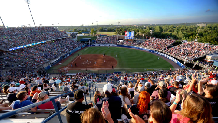 Fans watch of the Women's College World Series game between the Alabama and Duke at Devon Park in Oklahoma City, Friday, May, 31, 2024.