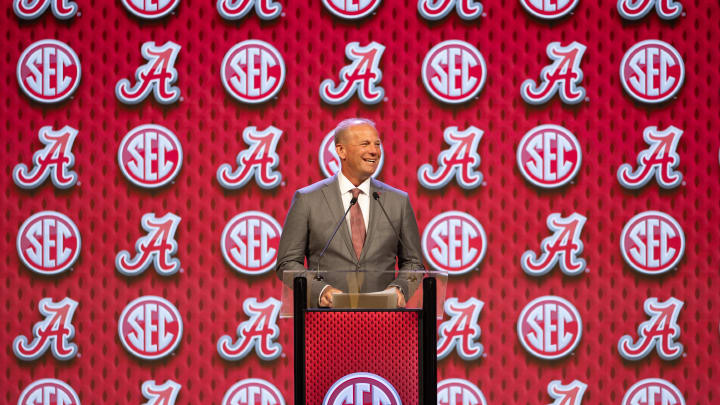 Jul 17, 2024; Dallas, TX, USA; Alabama head coach Kalen DeBoer speaking at Omni Dallas Hotel. 