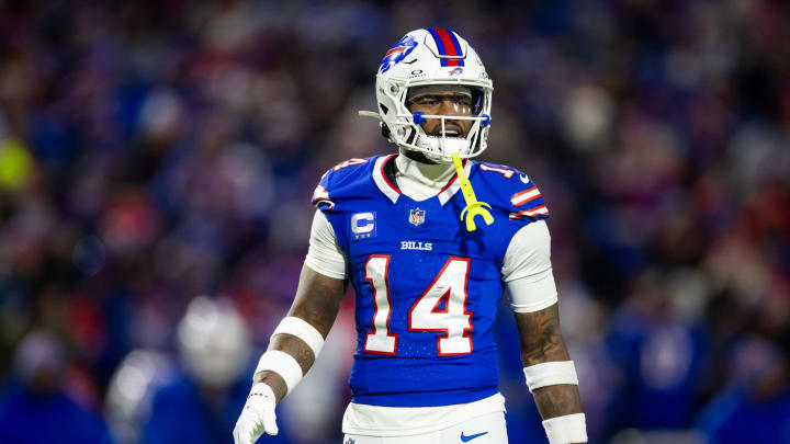 Jan 21, 2024; Orchard Park, New York, USA; Buffalo Bills wide receiver Stefon Diggs (14) against the Kansas City Chiefs in the 2024 AFC divisional round game at Highmark Stadium.  